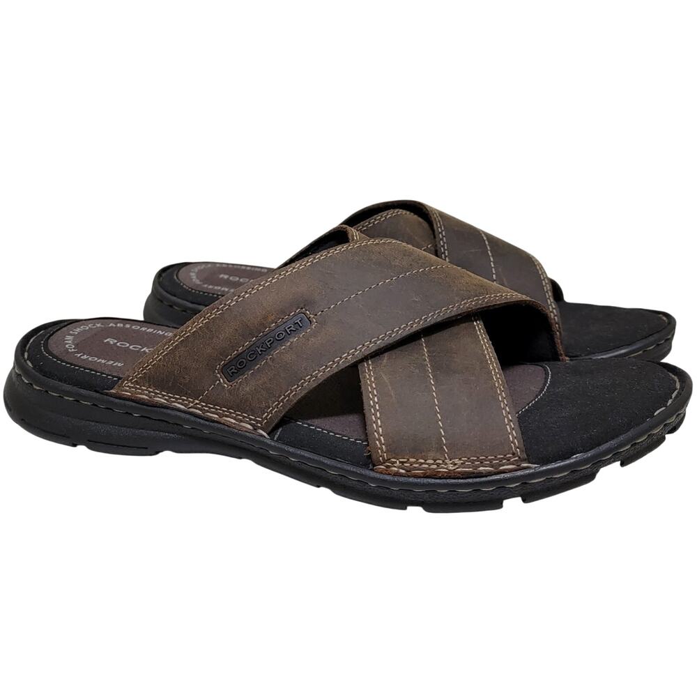 Rockport Men Darwyn Xband Cross Strap Slide Sandals Size US 8M Brown Leather